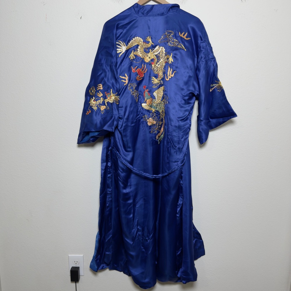 VTG Women 100% SILK Robe O/S Blue Embroidered Dragon Phoenix Kimono Artsy Boho